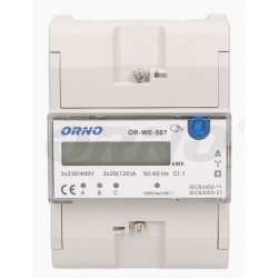 Medidor digital de consumo de energia para calha DIN (trifásico) 3x20(120)A - Orno OR-WE-507